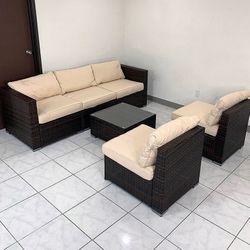(Brand New) $395 Patio Furniture (6pcs) Set Outdoor Sectional Set Wicker Rattan Sofa Chair Set w/ Cushion, Glass Table