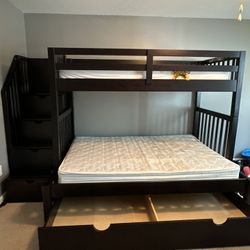 Twin/Full Espresso Stairway Bunk Bed w/ 2 Mattresses & Twin Trundle