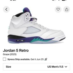 Jordan 5 Retro Grape Size 11.5 2025