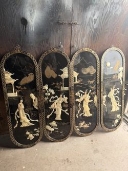 Vintage Chinese Asian Black Lacquer Mother Of Pearl Wall Panel
