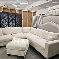 New Sectional Sofa With Ottoman Ivory Corduroy 