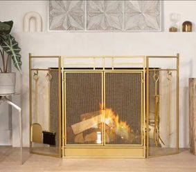 48" Fireplace Screen 3-Panel Folding Magnetic Doors with 4-Pieces Fire Place Tools Set Steel Fire Spark Guard, Gold

Brand new in box 🎁