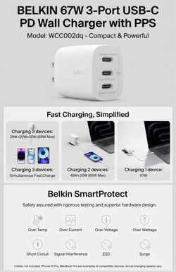 Belkin 67W 3-Port USB-C PD Fast Wall Charger (Model WCC002dq) - White