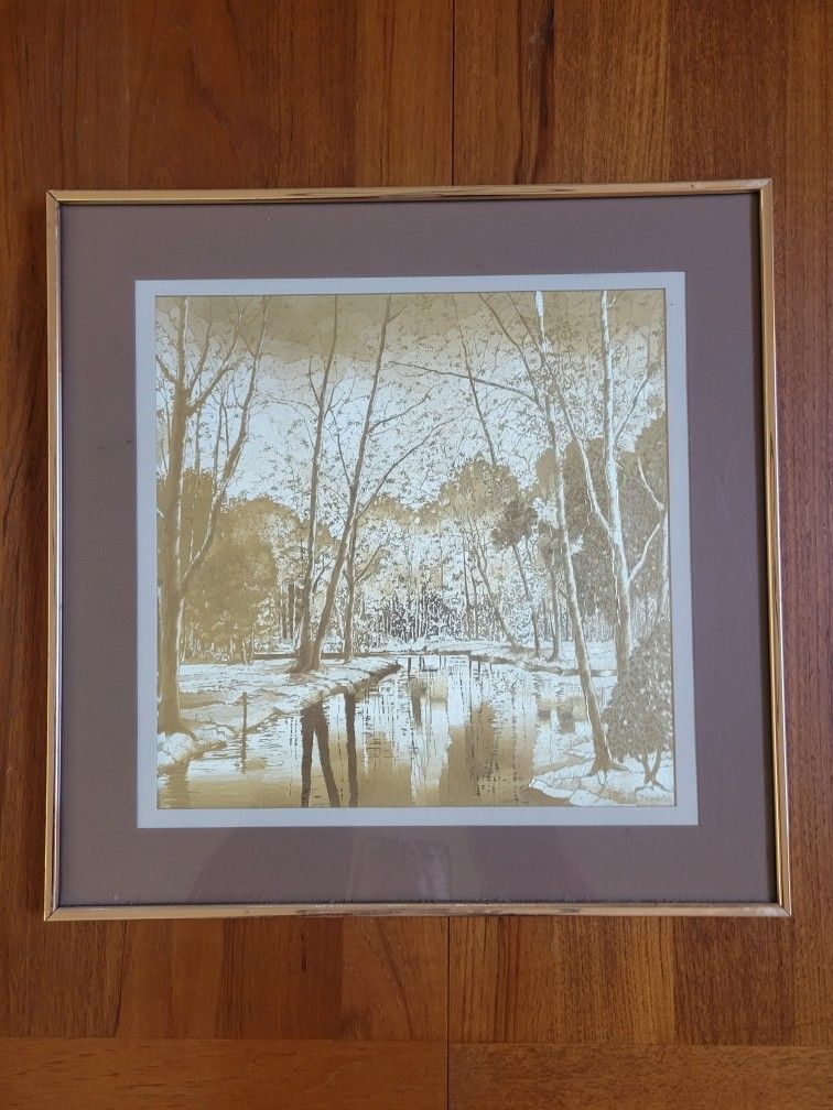 J HARDELIN Optical Illusionary Art Gold Foil ETCHED Print Woods Stream Forrest