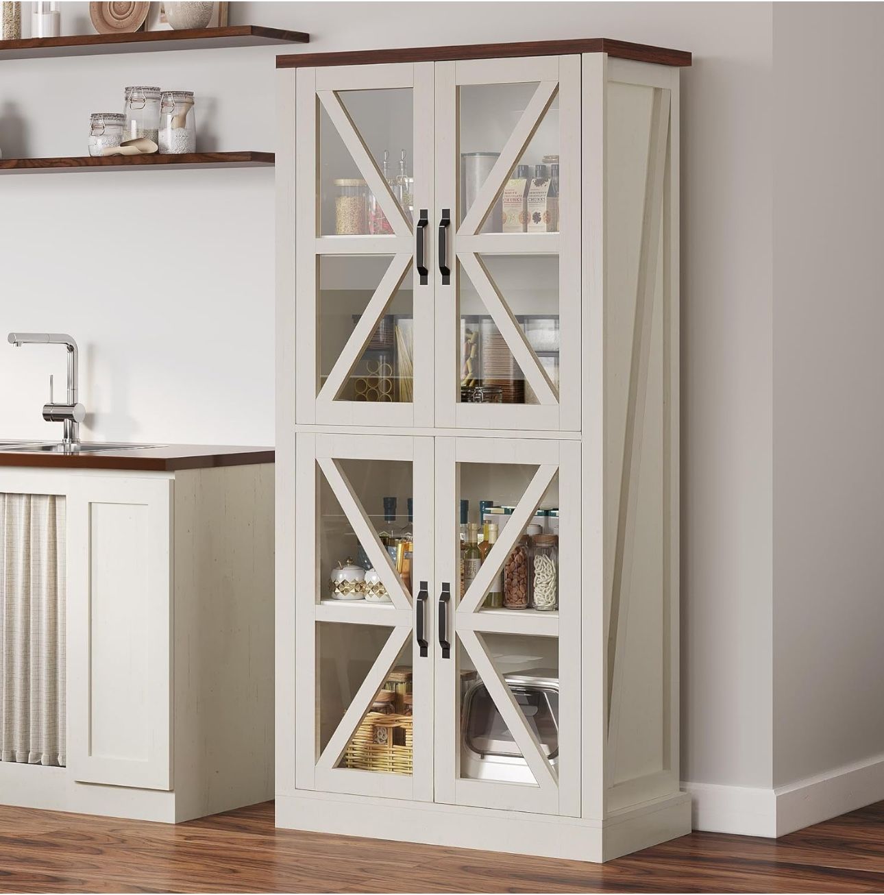 Kitchen Pantry Storage Cabinet with Glass Doors