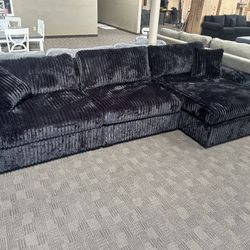 Huge Fluffy Black Reversible Chaise Sectional 