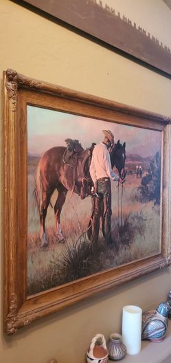 Tom ryan sharing an apple framed  oil on canvas western cowboy art