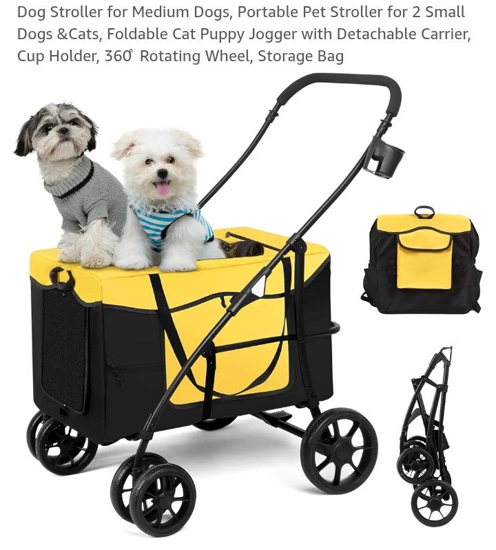 1752 Dog Stroller for Medium Dogs, Portable Pet Stroller for 2 Small Dogs & Cats, Foldable Cat Puppy Jogger with Detachable Carrier, Cup Holder, 360 R