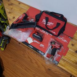 Milwaukee M18 'Fuel' Angled Finish Nailer, 'Surge' 1/4" Hex Impact Driver, 'High Output' Battery, Bag