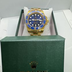 Brand New Automatic Movement Blue Face / Gold Band Designer Watch With Box!