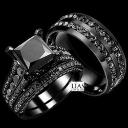New S925 Black Gunmetal His Hers Wedding Ring Set