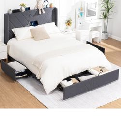 COMHOMA Upholstered Platform Bed Frame with USB and Type-C Ports, V-Shape Wingback Headboard, Side Drawers and Oversize Footboard Storage, No Box Spri