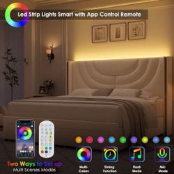 King Size Velvet Upholstered Wingback Storage Bed, Wall Wash LED Light Headboard, Off-white