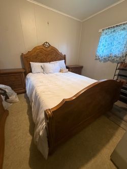 Wooden bed frame, dresser and nightstands