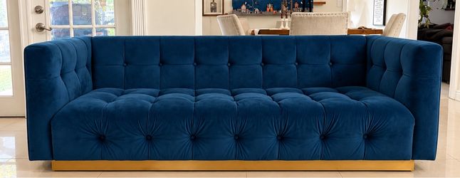 Elegant Navy Blue Velvet Sofa with Gold Base