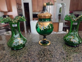 Green crystal candy dish in two vases made in scandinavia, perfect gold leafing