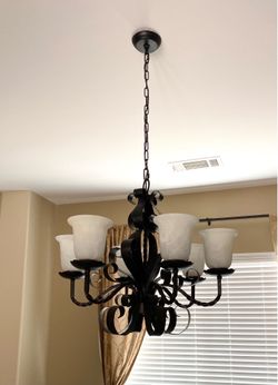 LARGE SIX LAMP CHANDELIER (28.5” W  x 25” H)