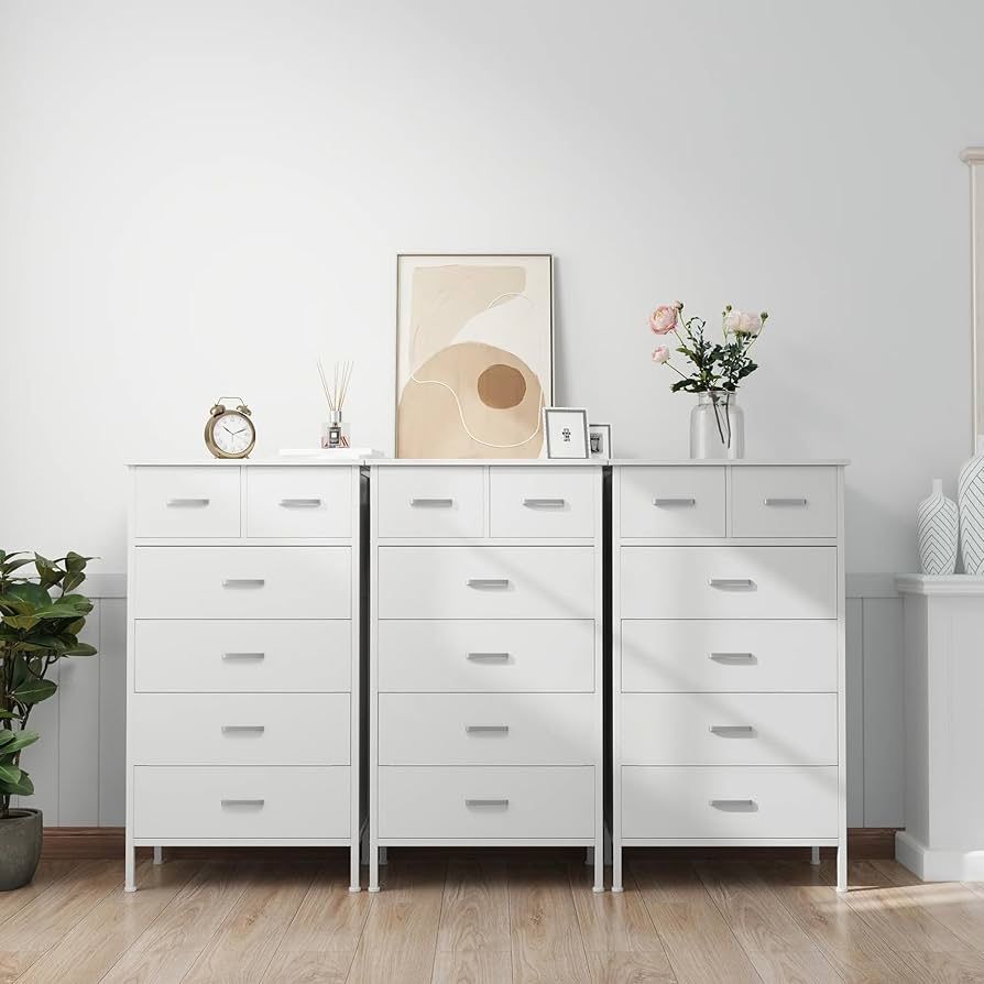 3pcs 42.1''H Chest of Dressers 6 Drawers for Bedroom, Storage Cabinet Wooden Dresser, Steel Wood Frame, White