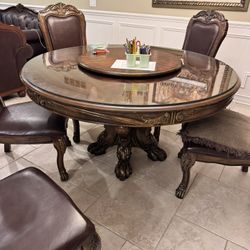 Round Wood Dining Table Set with Glass Top & 6 Carved Chairs