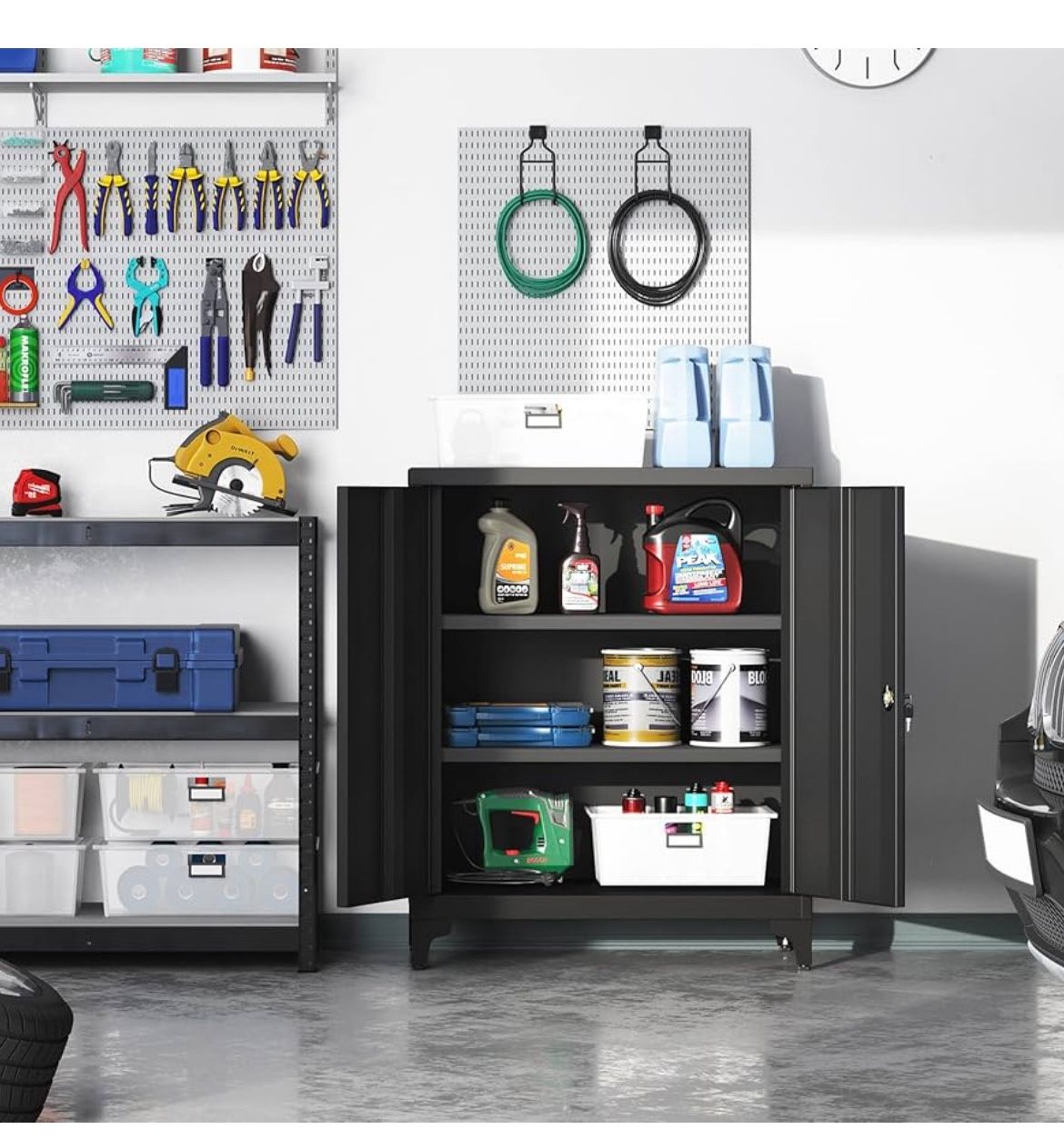Garage Cabinet, Metal Storage Cabinet with Doors and Shelves, for Home Office, Garage and Utility Room, Black UOMC013B01