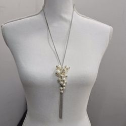 Faux Pearl Cluster Tassel Pendant Silver Tone 24" Chain Necklace Coquette Vibe