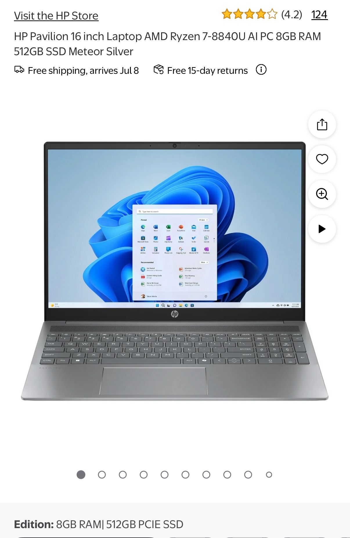 HP Pavilion 16 inch Laptop AMD Ryzen 7-8840U AI PC 8GB RAM 512GB SSD Meteor Silver