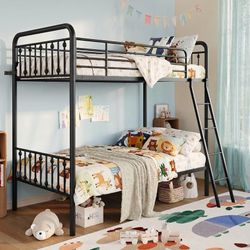 C158 $145 Convertible Twin Over Twin Bunk Bed,CPC Certified,Black Victorian Iron-Art Headboard and Footboard,Space-Saving Metal Bunk Bed with Guardra