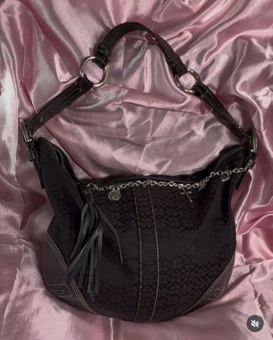 Vintage Coach Black Jacquard And Leather Tassel Signature C Hobo Bag