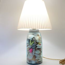 Vintage Maltese Cross Half Gallon Aqua Blue Mason Jar Seashell Lamp