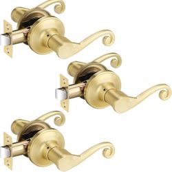 (New in Box) 
3 Pack Gold Door Handles, Brass Door Lever Passage Door Lever for Hallway and Closet, Keyless Interior Door Levers for Right Hand, Satin