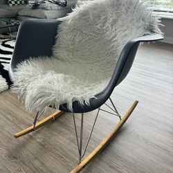 Poly and Bark Rocker Modern Mid-Century Rocking Molded Lounge Chair with Fur Cover Seat Pad