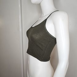 Rosio Olive Green Basic Tank Top Cropped Cotton/Spandex Size SM Spaghetti Strap