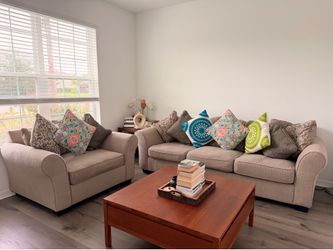 Beige Fabric Sofa Set — with Decorative Pillows Included