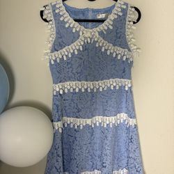 Women Blue Sleeveless Lace Dress with Pom Pom Trim Size Small-medium