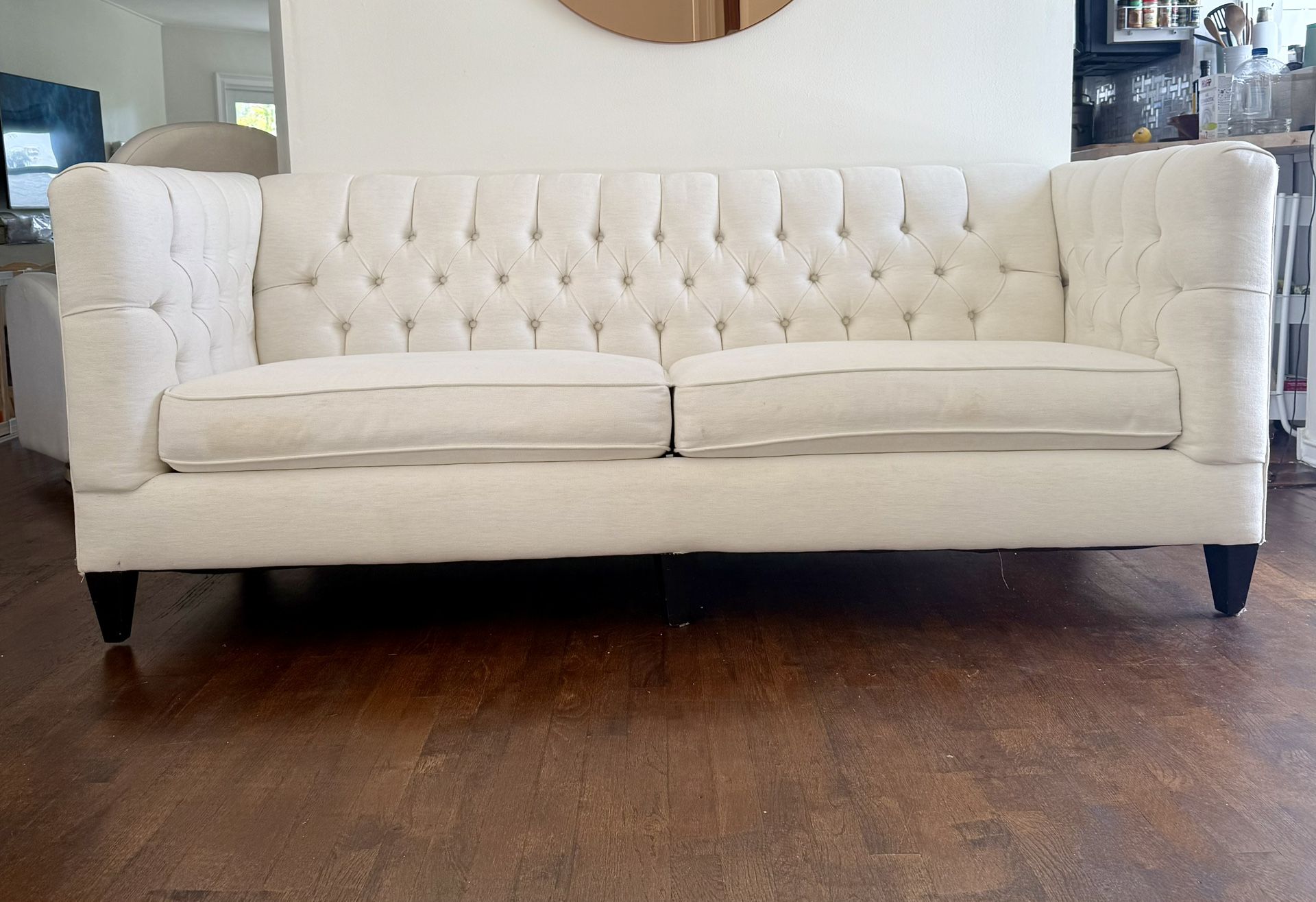 White Linen Sofa Tufted