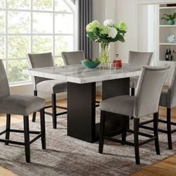 Brand New Black, White  Gray 7pc Counter Height Dining Table Set Genuine Marble Top