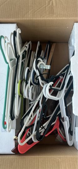 Plastic hangers and a few wood