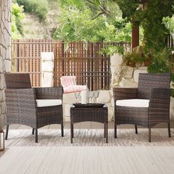 New 3 Pieces Patio Porch Furniture Sets PE Rattan Wicker Chairs with Table Outdoor Garden Furniture Sets  New in box T LCRF700A/BY3-BR-BH/LCRF25-0918-
