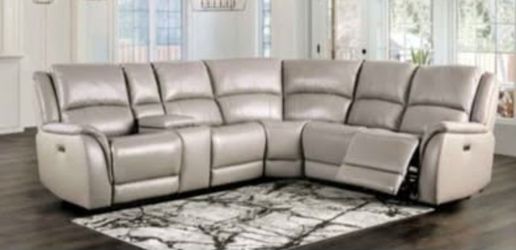 Brand New Light Gray Top Grain Leather Power Reclining Sectional Sofa