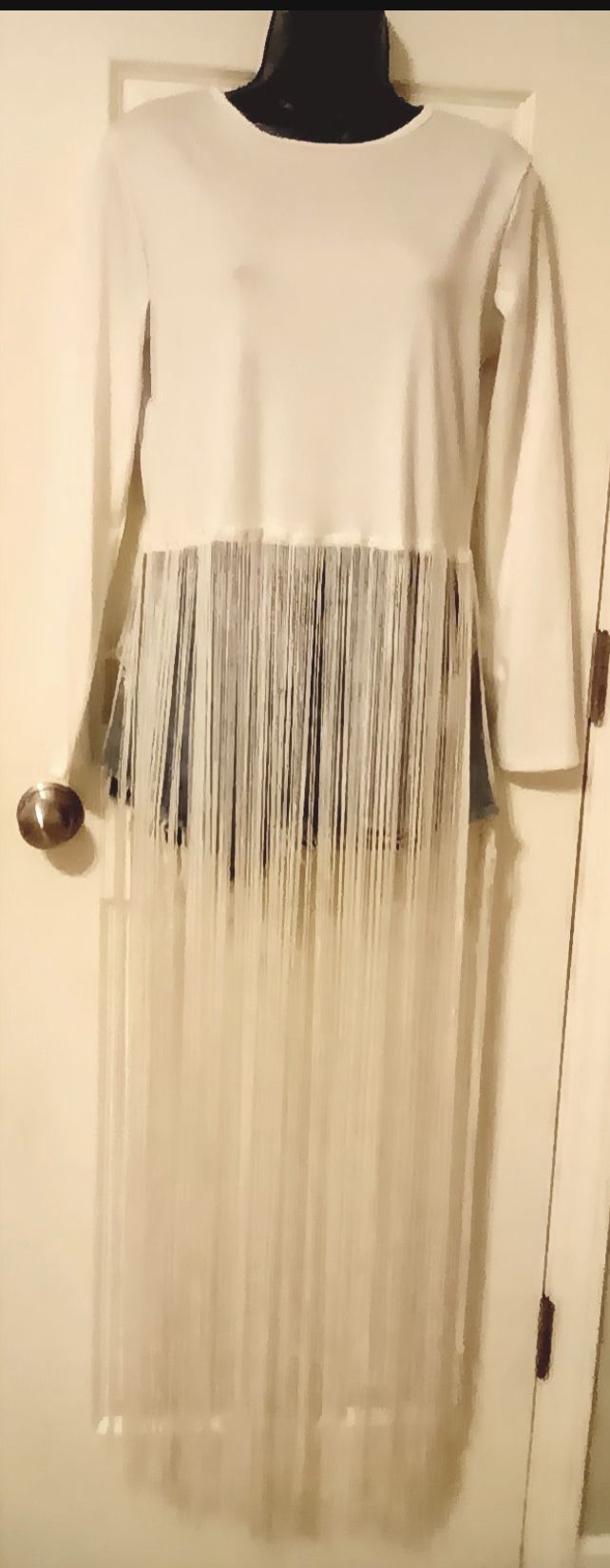 White Long Sleeve Fringe Top