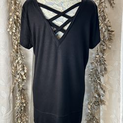 DressBarn Black Crisscross Back High-Low Tunic Top Women’s Large L Rayon Blend