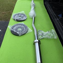 Olympic Curl Bar 4’, Spring Type Collars, And Weights- All New Items