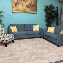 Very Pretty Teal Couch, Loveseat & Accent Chair 3 Piece Living Room Set - Throw Pillows Not Included