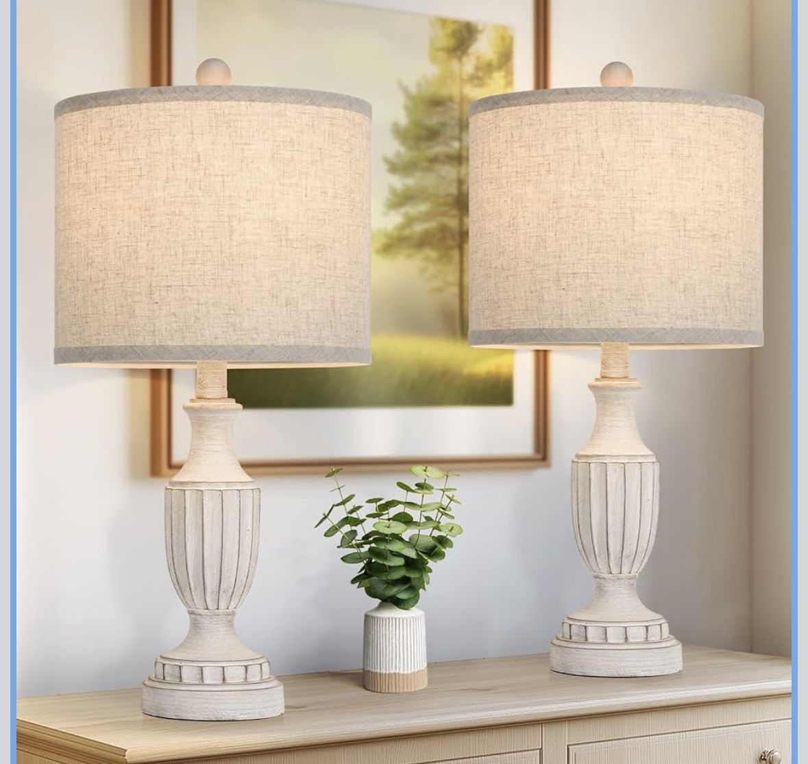TOBUSA 22“ Farmhouse Table Lamps Set of 2, White Rustic Vintage Table Lamps for Living Room Bedroom, Antique Bedside Desk Lamps with Linen Shade, Trad