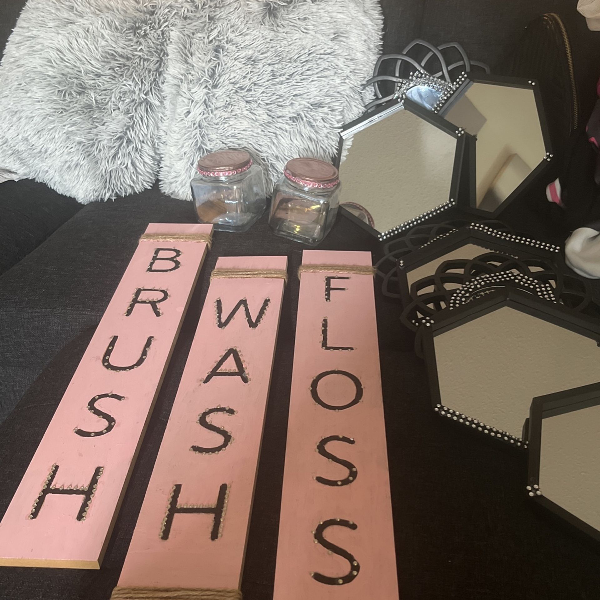 Light Pink Rhinestone Bathroom DIY  & Jars 7 Dimond Mirrors 