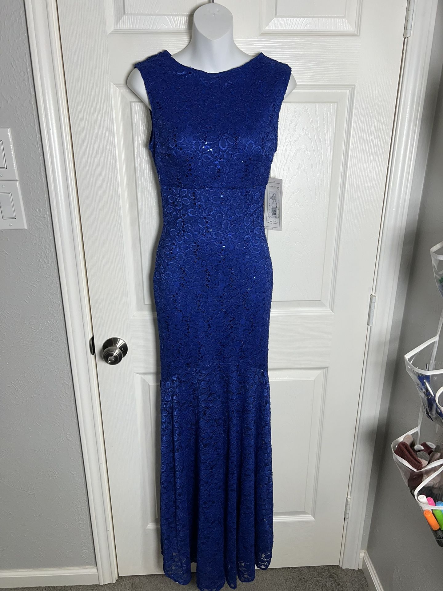 Sapphire Blue Sequined Full Length Fish Tail Prom Dress