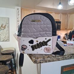 Betsey Johnson Pink & Black Quilted Heart Mini Backpack with Patches