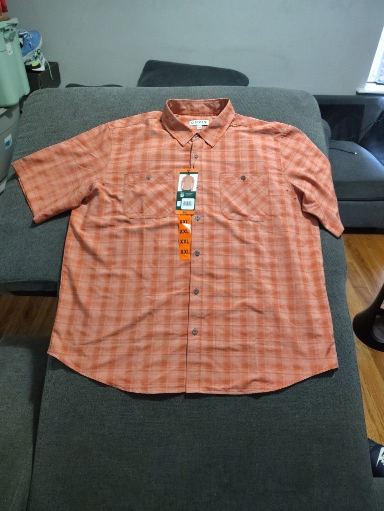 Orvis Mens XXL Short Sleeve Tech Shirt Button Up Orange Plaid NWT
