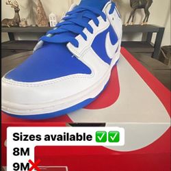 Nike Dunk Low Racer Blue Sizes 8M, 9.5M.