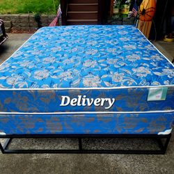 Queen Mattress and box springs with metal box frame
